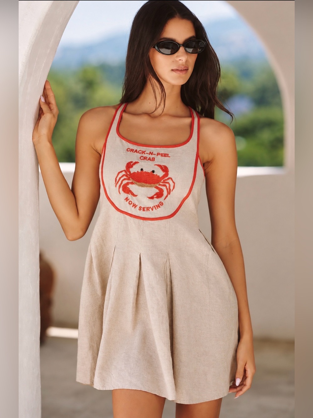 Anthropologie Celandine Embroidery Crab Bib Linen Blend Mini Dress Beige Red S